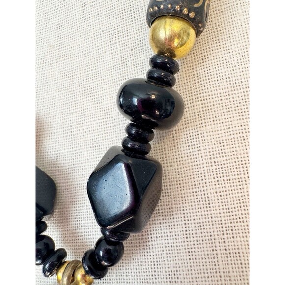 Vintage Brass Inlay Black Chunky Bohemian Necklace Large Pendant Tribal Ethnic - Picture 10 of 13